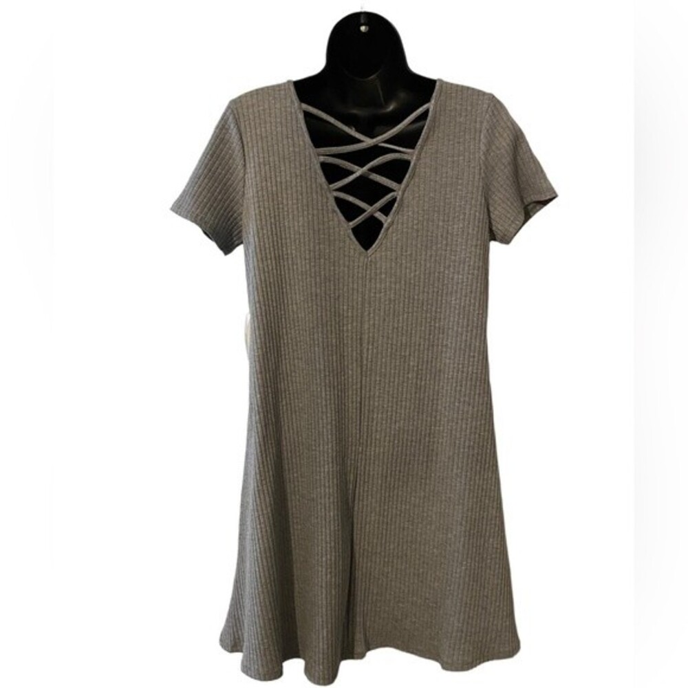 New Gray ribbed summer dress / swimsuit cover up cross cross back casual LG.